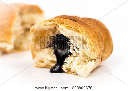 Traditional France Breakfest Croissant With Chocolate Isolated On White Background