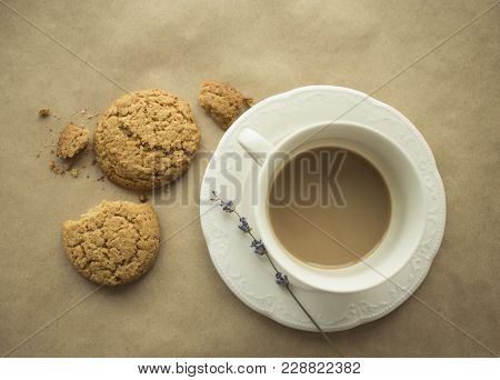 Morning Coffee With Lavender And Cookie On The Table