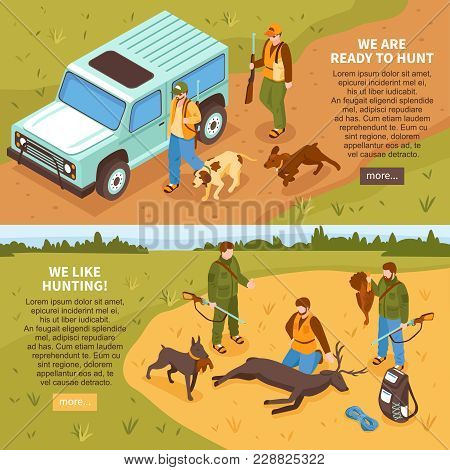 Shooting Season 2 Isometric Horizontal Banners Webpage Design For Hunters With Game Animals Informat