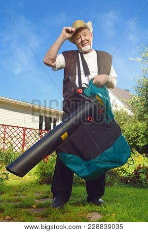 Autumn in a garden. Senior man removes fallen leaves in his garden using leaf blower.