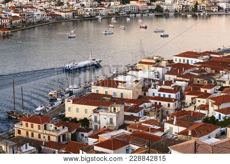 Poros, Greece - January 19, 2018: View Of Poros Village On Poros Island In Greece On January 19, 201