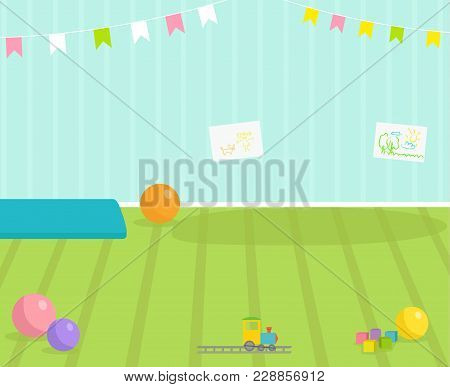 Baby Room Vector Interior View Babyroom Decor Children Kindergarten Interior Illustration With Furni