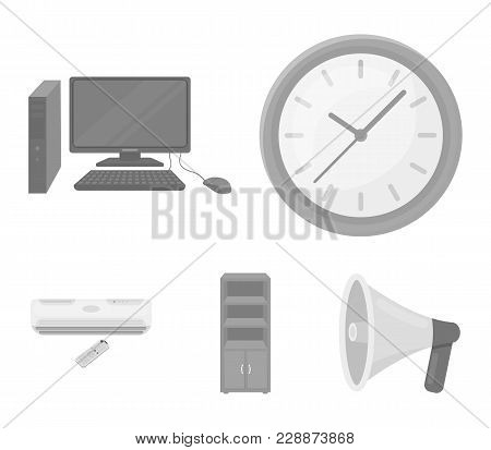 Clock With Arrows, A Computer With Accessories For Work In The Office, A Cabinet For Storing Busines