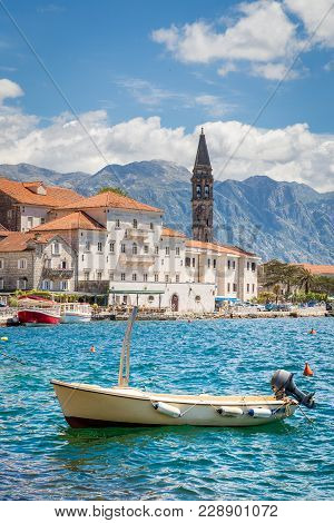 Scenic Panorama View Of The Historic Town Of Perast At World Famous Bay Of Kotor On A Beautiful Sunn