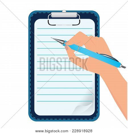 Clipboard - In The Hand Automatic Pen - Isolated On White - Vector Art Illustration