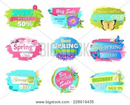 Spring Sale Stickers Vector Illustration Promo Emblems Springtime Flower. Big Set Of Spring Sale Adv