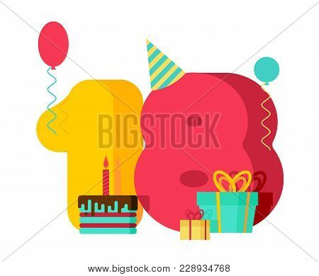 18 Year Birthday Sign. 18th Template Greeting Card Anniversary Celebration. Eighteen Number And Fest