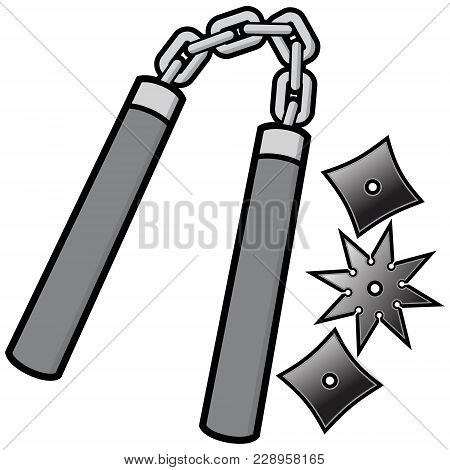 Nunchaku And Throwing Stars Illustration - A Vector Cartoon Illustration Of A Nunchaku And Throwing 