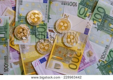 Ripple Coins, Crypto Currency And Euro Banknotes, Virtual Money