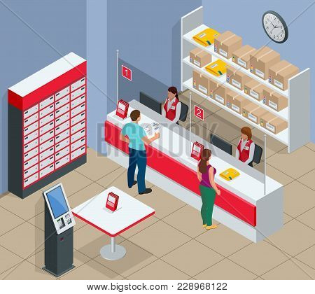 Isometric Post Office Concept. Young Man And Woman Waiting For A Parcel In A Post Office. Correspond