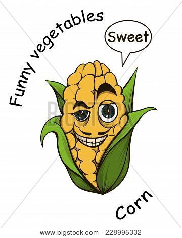 Cute Sweet Corn With Eyes And Mouth, Vector Illustration