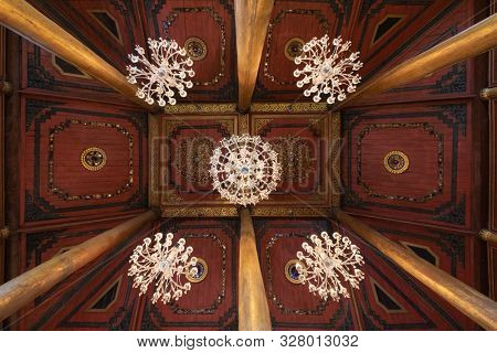 Wooden ancient ceiling of the Wat Chom Sawan Burmese temple in Phrae, Thailand