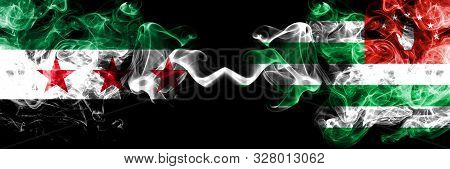 Syrian Arab Republic Vs Abkhazia, Abkhazian Smoke Flags Placed Side By Side. Thick Colored Silky Smo
