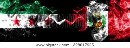 Syrian Arab Republic Vs Peru, Peruan Smoke Flags Placed Side By Side. Thick Colored Silky Smoke Flag