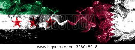 Syrian Arab Republic Vs Qatar, Qatari Smoke Flags Placed Side By Side. Thick Colored Silky Smoke Fla