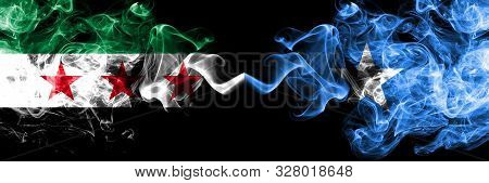 Syrian Arab Republic Vs Somalia, Somalian Smoke Flags Placed Side By Side. Thick Colored Silky Smoke