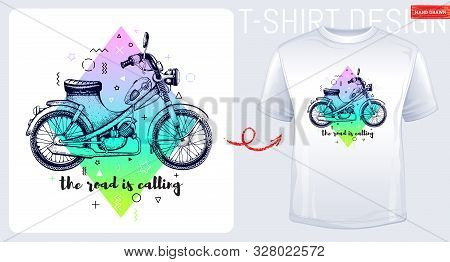 Motorcycle Scooter T-shirt Print, Trendy Memphis Color Moped With Slogan Isolated On White Backgroun