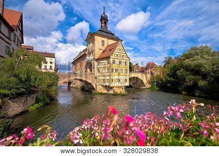 Bamberg. Scenic View Of Old Town Hall Of Bamberg (altes Rathaus) With Two Bridges Over The Regnitz R