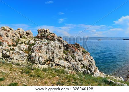 Beautiful Natural Scenery Of Lake With Rock. Infectious Surprising View Of Lake Baikal. Tremendous P