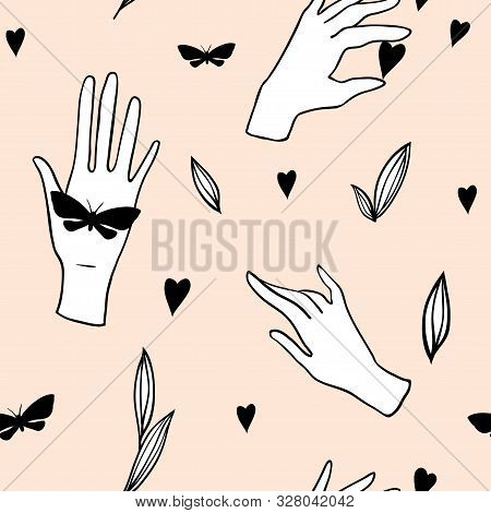 Seamless Pattern With Hands, Butterflies, Heart And Leaves On Pink. Hand Drawn Background With Human