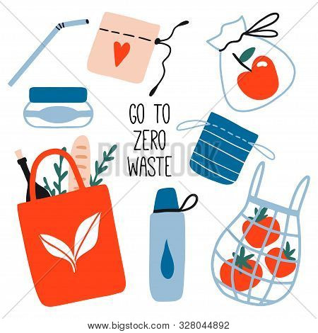 Cute Zero Waste Elements. Hand Drawn Eco Life Illustration. Flat Vector Illustration. Set Of Doodle 