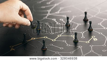 Hand Moving Pawn On A Conceptual Labyrinth. Shortcut From Point A To B Or Career Guidance Concept. C