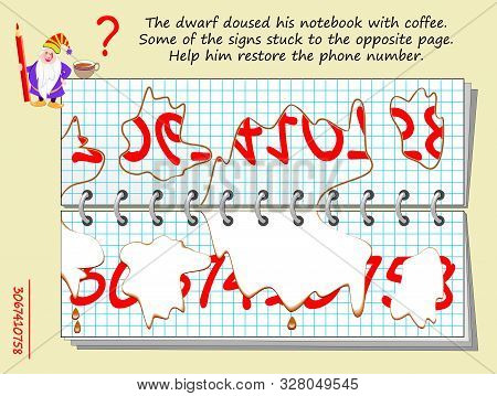 Logic Puzzle Game For Children And Adults. Dwarf Doused His Notebook With Coffee. Help Him Restore P