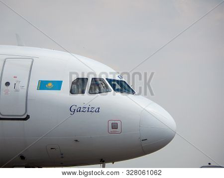 Aktau, Kazakhstan - May 16, 2019. Aircraft Company Air Astana In Aktau International Airport.