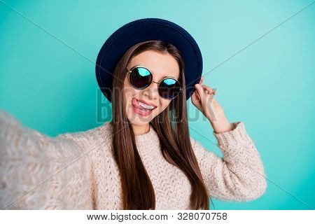 Close Up Photo Of Crazy Foolish Cute Girl Make Self Portrait Blogging Lick Lips Have Fun Wear Knitte