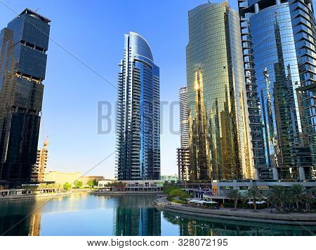Dubai / Uae - October 15, 2019: View Of Jumeirah Lakes Towers Skyscrapers With Waterfront. Residenti