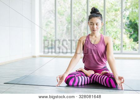 Asian Women Workout Practicing Yoga Training Put On Pink Clothes And Practice Meditation Wellness Li