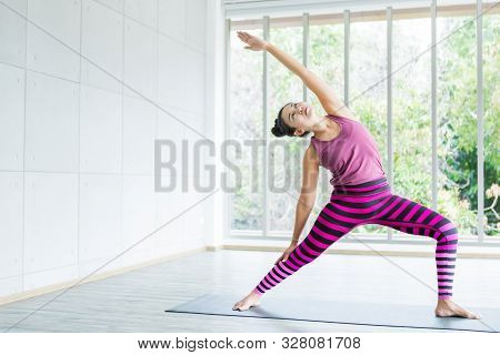 Asian Women Workout Practicing Yoga Training Put On Pink Clothes And Practice Meditation Wellness Li