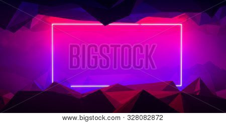 Neon light frame glowing in low poly cave. Lightshow or laser show. Energy square