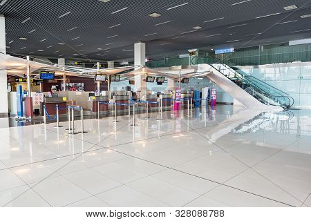Bratislava, Slovakia - October 6 2019: Empty Check-in Area Of Departure Hall Of Bratislava Airport T
