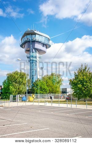 Bratislava, Slovakia - October 6 2019: View Of Empty Parking Lot In Front Of Air Traffic Control Tow
