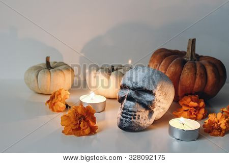 Dia De Los Muertos, Mexican Day Of The Dead Table Altar Composition. Orange Tagetes, Marigold Flower