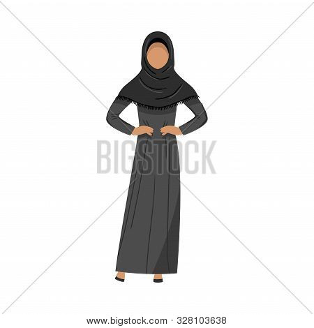 Muslim Girl In A Traditional Ethnic Black Hijab. Vector Illustration In Flat Cartoon Style.