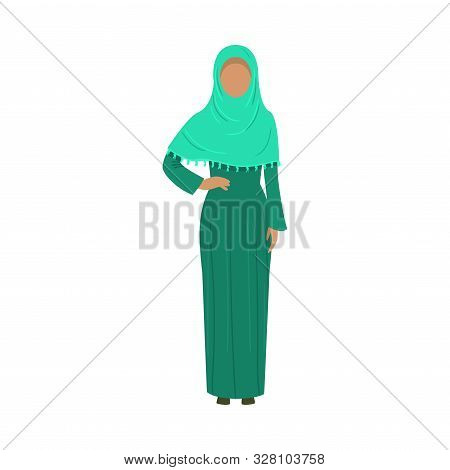Muslim Girl In A Traditional Ethnic Green Hijab. Vector Illustration In Flat Cartoon Style.