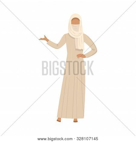 Muslim Girl In A Traditional Ethnic Hijab. Vector Illustration In Flat Cartoon Style.