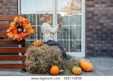 Adorable Smiling Caucasian Baby Toddler In White Knittes Jacket Sitting On The Haystack With Pumpkin
