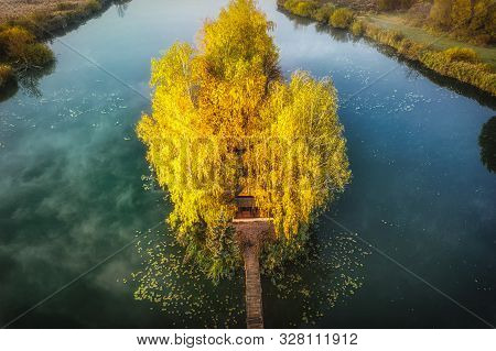 Morning Landscape, Wooden Hunting Lodge, On A Small Man-made Island. A Wooden Platform Is Coming To 