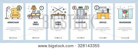 Mobile App Onboarding Screens. House And Office Interior, Furniture, Chair, Table, Wardrobe. Menu Ve