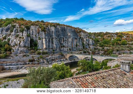 The Bridge Over The River Ardeche Near The Old Village Balazuc In France