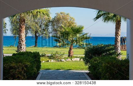 Mediterranean Sea And Volcano In Horizon In The South On The Island Of Kos Greece