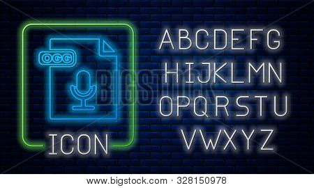 Glowing Neon Ogg File Document. Download Ogg Button Icon Isolated On Brick Wall Background. Ogg File