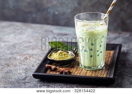 Matcha Bubble Tea With Tapioca Pearls In Tall Glasses