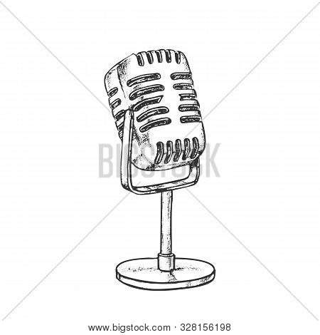 Retro Vocal Radio Microphone Monochrome Vector. Audio Microphone For Online Anchorperson Studio Devi