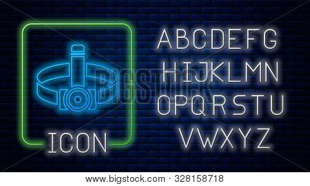 Glowing Neon Head Flashlight Icon Isolated On Brick Wall Background. Tourist Head Flashlight. Campin