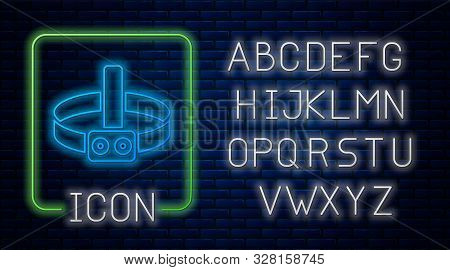 Glowing Neon Head Flashlight Icon Isolated On Brick Wall Background. Tourist Head Flashlight. Campin