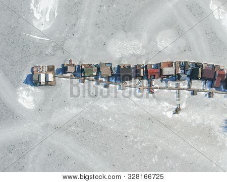 Fishing Houses On A Frozen Lake At Bokod, Hungary